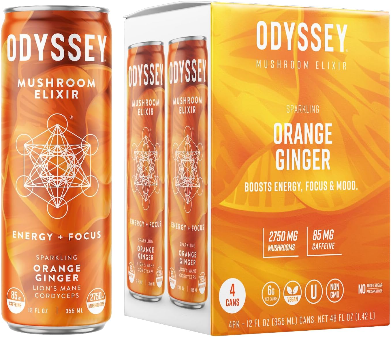 Sparkling Adaptogen Drink, Low Calorie Drinks with L Theanine, Lions Mane, Cordyceps and Green Tea Caffeine for Energy and Focus, Non-GMO, Vegan,12 Fl oz, 4 Pack (Orange Ginger)