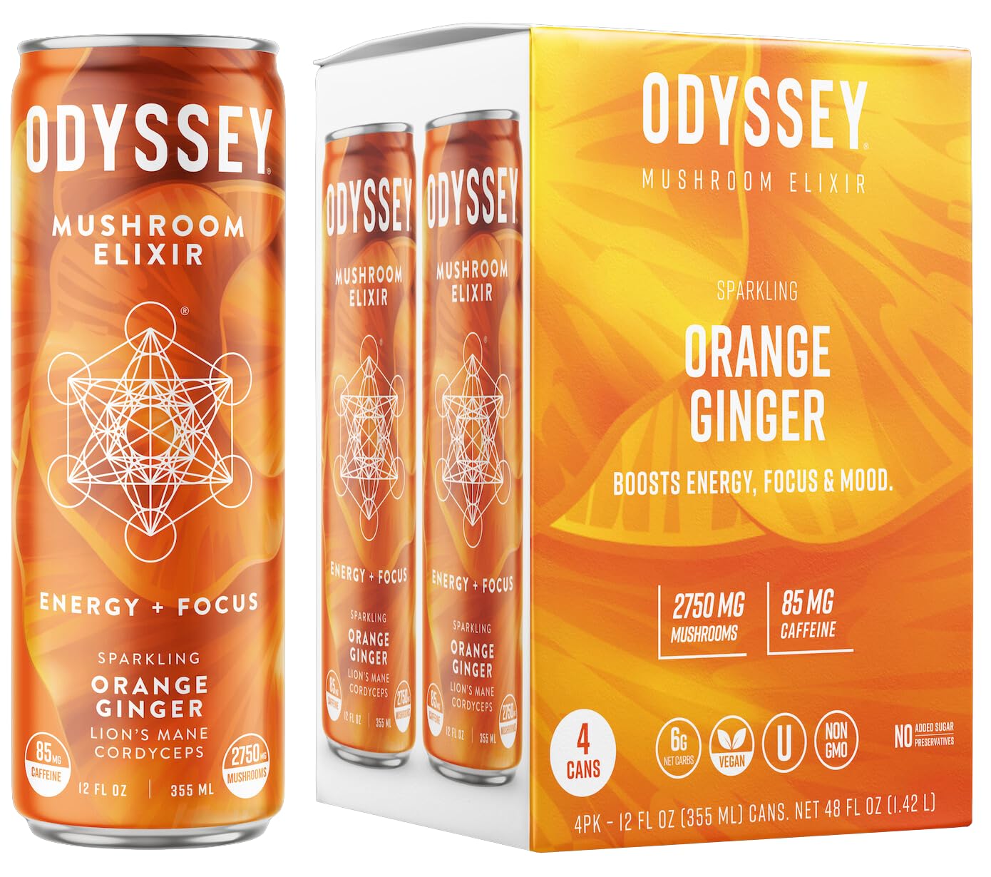 Odyssey Elixir Sparkling Adaptogen Drink, Low Calorie Drinks with L Theanine, Lions Mane, Cordyceps and Green Tea Caffeine for Energy and Focus, Non-GMO, Vegan,12 Fl oz, 4 Pack (Orange Ginger)