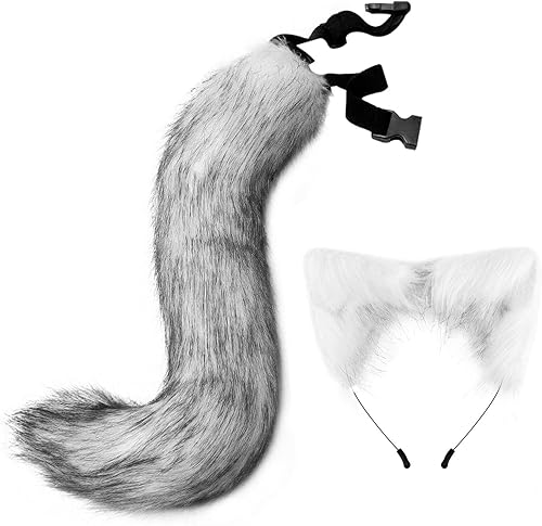 Miniatura 4 de Tachiuwa Conjunto de cola de orejas de animal de zorro para cosplay, disfraz de cola de orejas de lobo, color gris