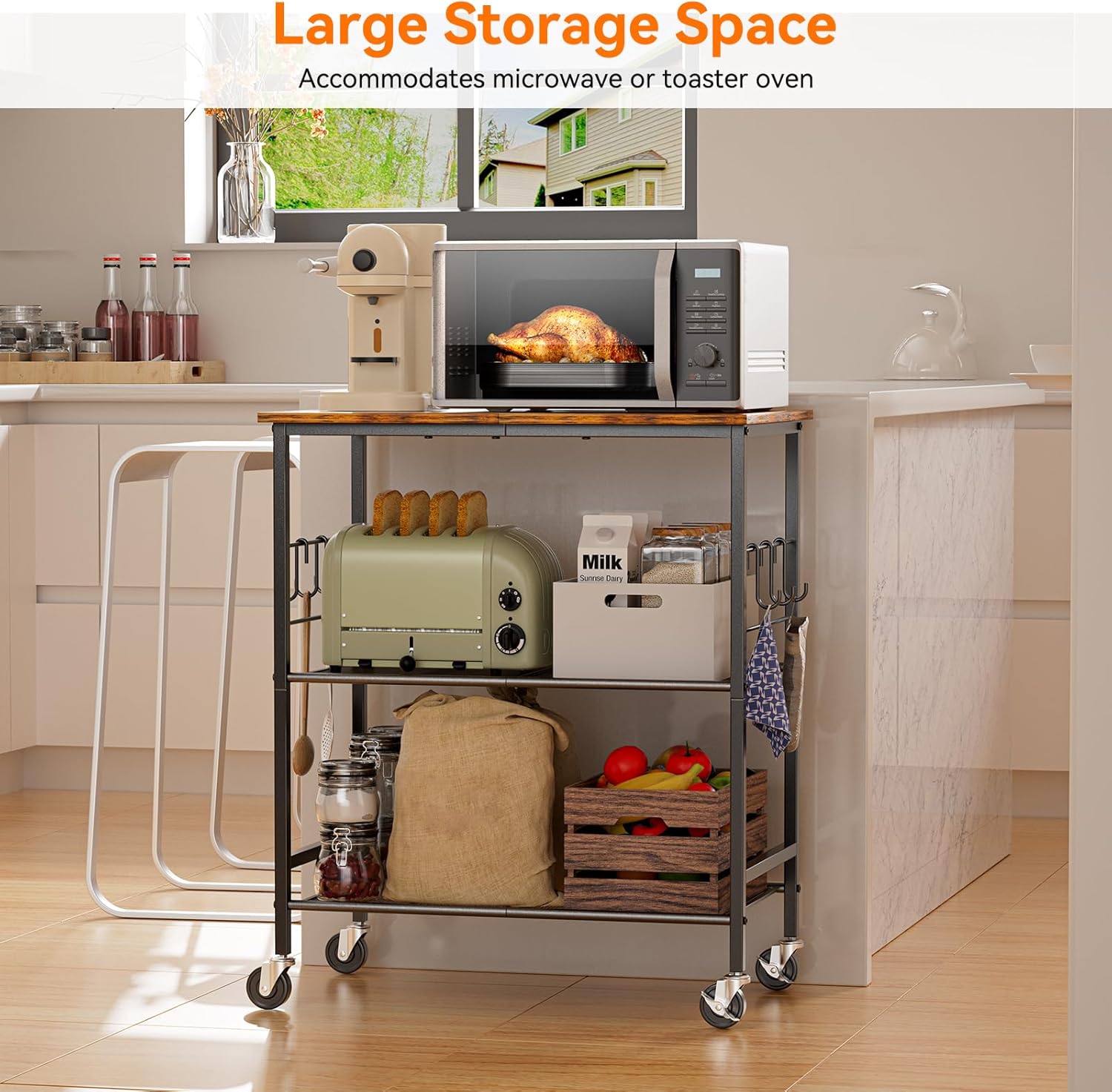 NTE Rolling Kitchen Microwave Cart, 3 Tier Microwave Stand with Storage, Small Kitchen Island on Wheels, Kitchen Storage Cart with 6 Hooks for Kitchen, Coffee Bar, Living Room, Balcony