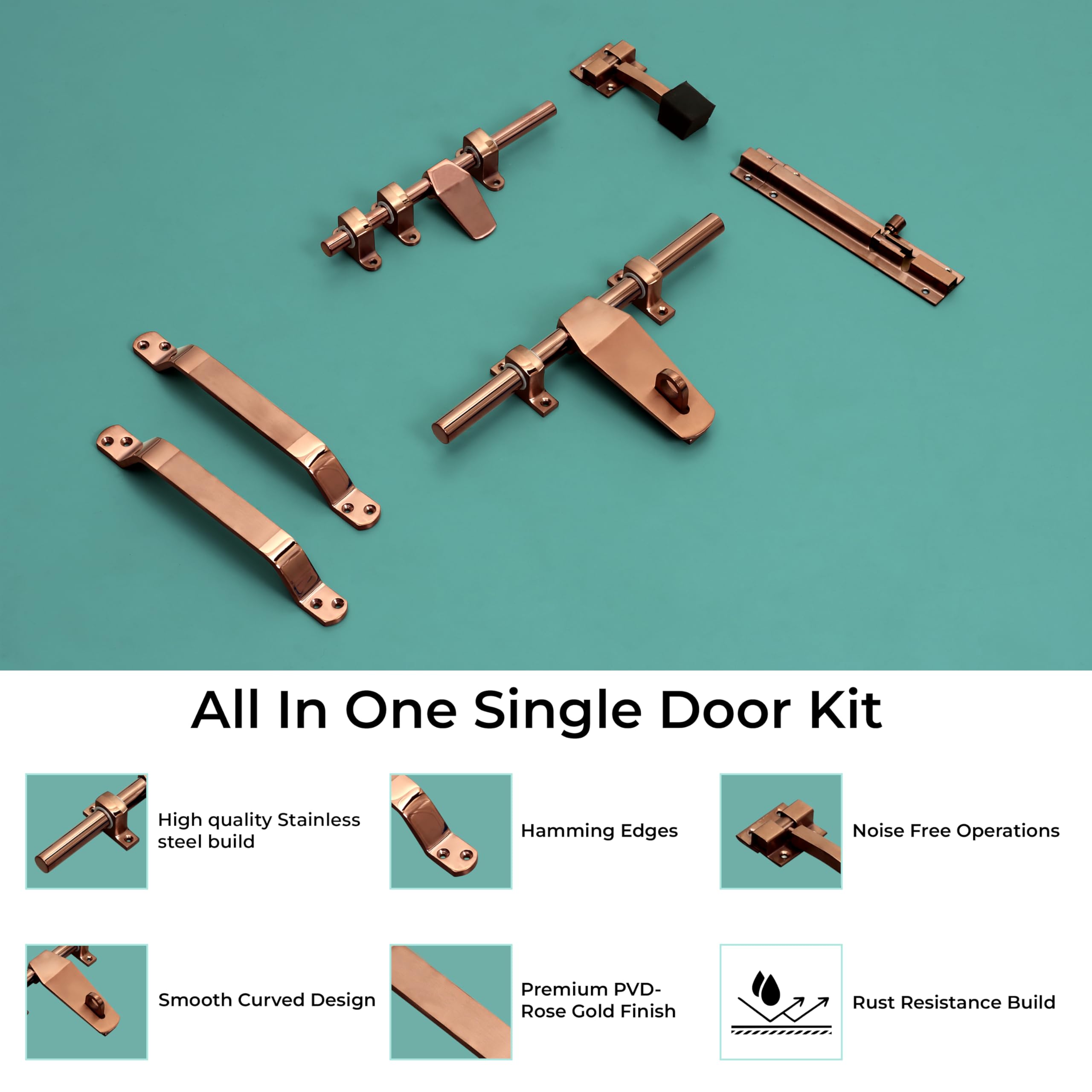 Plantex Stainless Steel Door Kit for Single Door/Door Hardware/Door Accessories (10 inch Al-Drop,8 inch Latch, 8 inch 2 Handles,7 inch Tower Bolt and 4 inch Door Stopper) - (DK-07-PVD Rose Gold) — Amazon image 3