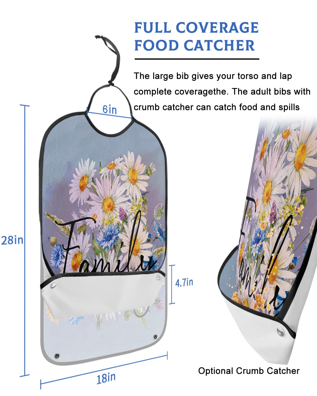 Flower Adult Bib for Eating with Crumb Catcher,Washable & Waterproof Terry Cloth Adjustable Elderly Women Men Adult Bibs Funny Apron Clothing Protector White Daisy Floral Rustic Watercolor Art