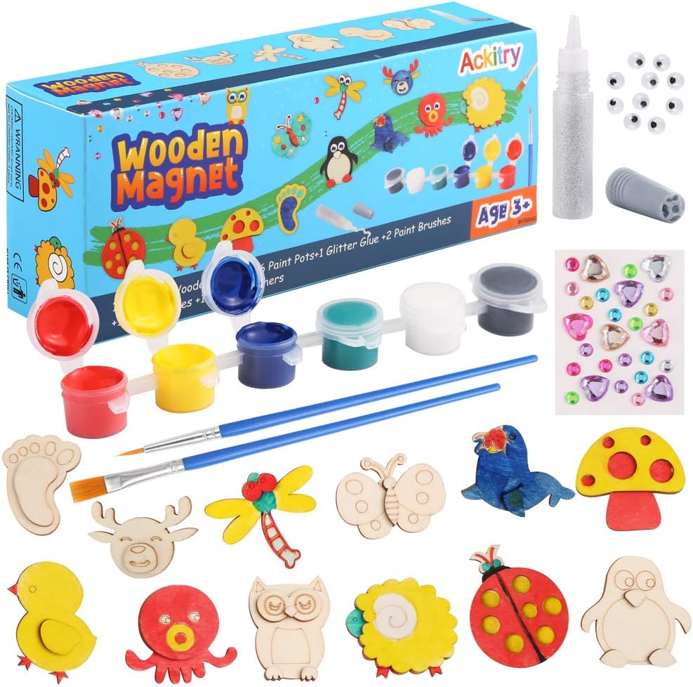 Ackitry 12 Wooden Magnet Creativity Arts & Crafts Painting Kit for Kids, Decorate Your Own Painting Gift, Family Activity Project Birthday Gift Favors for Boys Girls