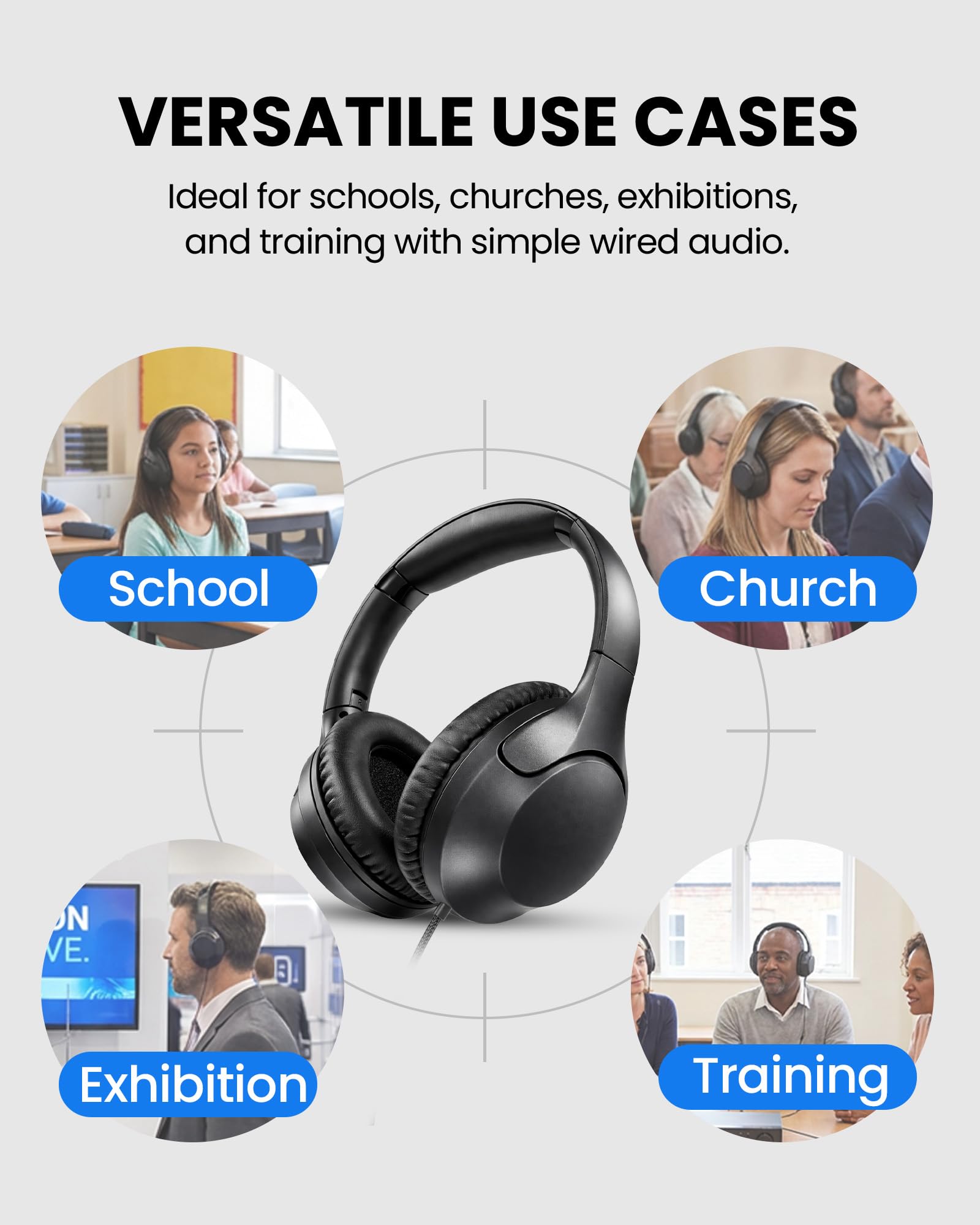 Venucast HF12 - Cuffie over-ear cablate con jack da 3,5 mm, archetto regolabile, pieghevoli e leggere, per scuola, guida, formazione ed eventi (confezione da 10)