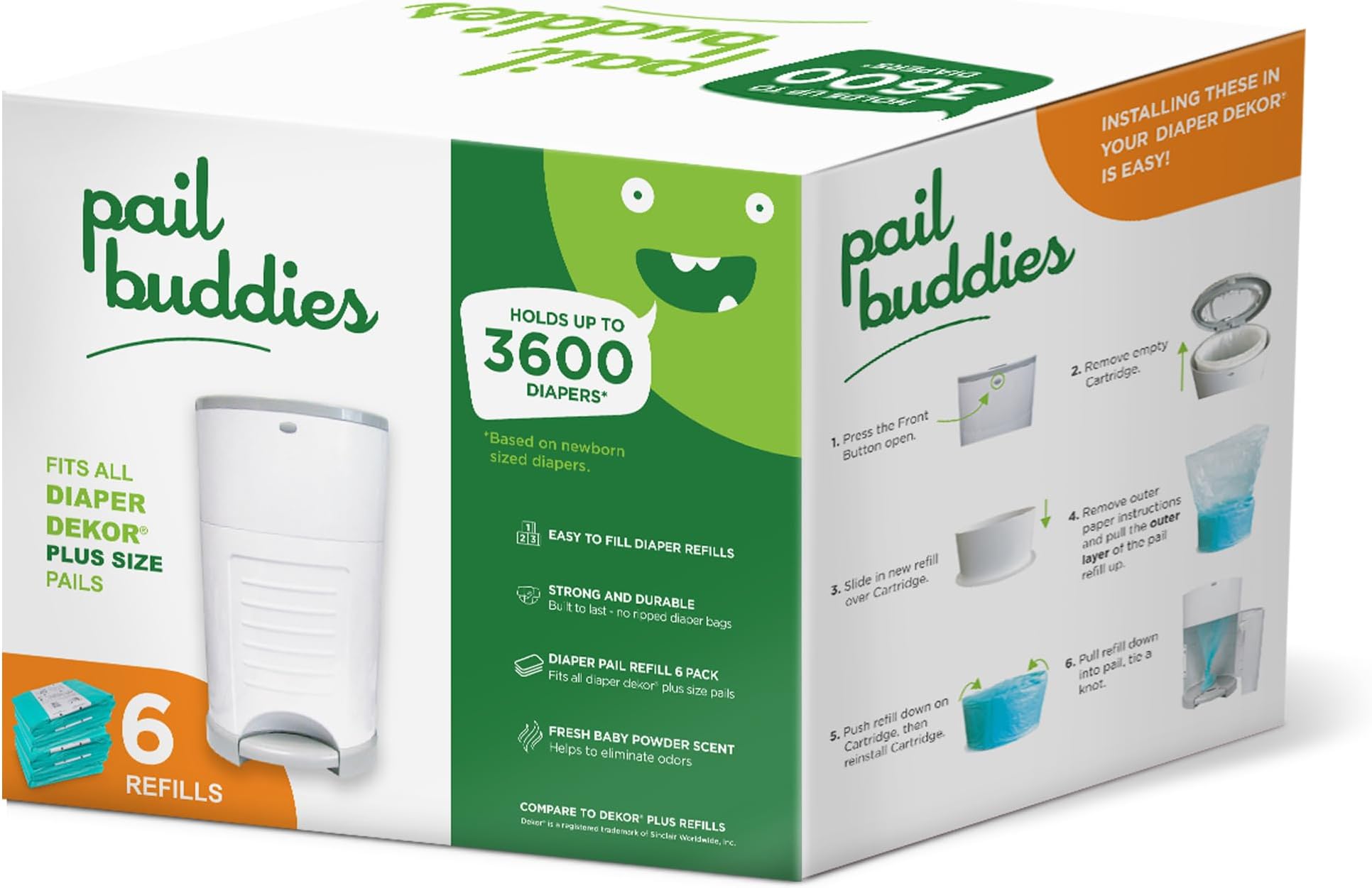 Diaper Pail Refills | 6 Count Value Pack Holds 3,600 Diapers | Compatible with Dekor Plus Diaper Pail | Strong, Durable Refill Bags with Odor Eliminating Fresh Baby Powder Scent