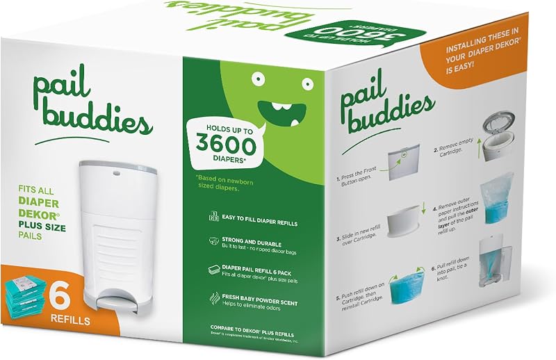 Diaper Pail Refill Bags for Dekor Plus, 6 Pack, Holds 3600 Diapers | Odor Control Fresh Powder Scent, Strong Durable Liners, Dekor Diaper Pail Compatible, Easy to Install, Newborn Capacity