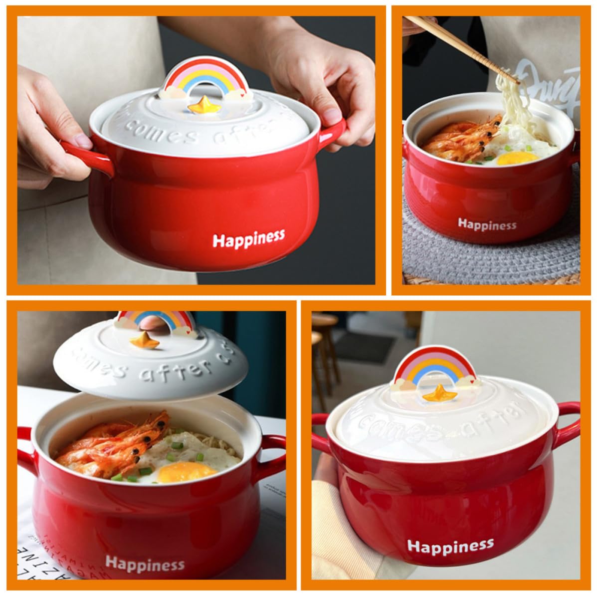 Gadpiparty Tazón de Ramen de Cerámica Rojo con Tapa, Cuenco para Sopa y Frutas, Diseño Decorativo y Funcional para Restaurantes y Regalos de Inauguración de Casa
