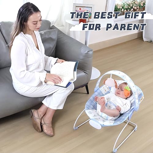 Miniatura 7 de Asiento portátil para bebé con 8 melodías, 3 niveles de vibración y volumen ajustable, balancín plegable con arnés de seguridad para bebés de 0 a 6