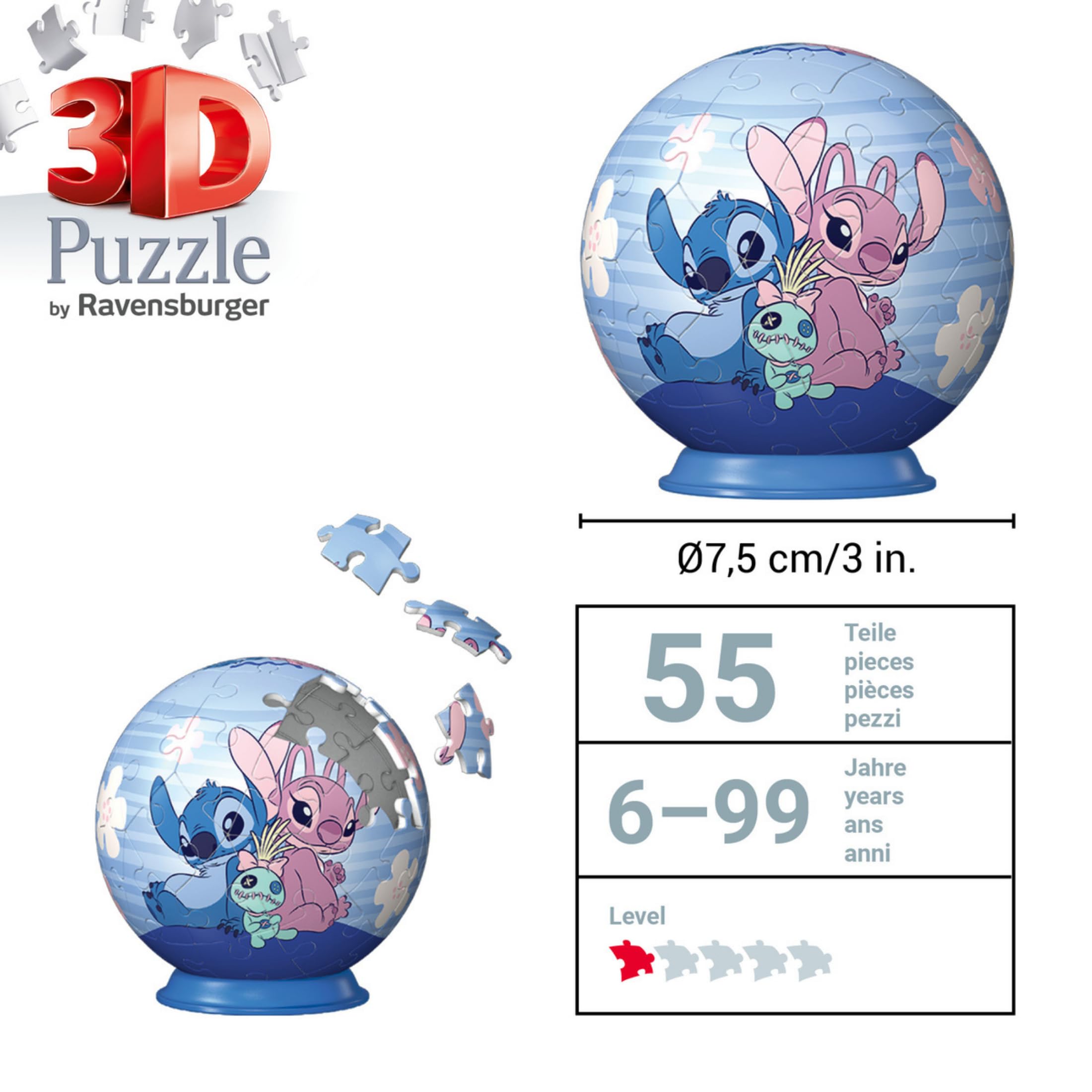 Ravensburger - Puzzle 3d Disney: Stitch Sferico | Puzzle 3d Bambini 6 Anni O Più | Regalo Stitch Bambina E Bambino 54 Pezzi | Giochi Bambini 6 Anni Sferico Da Disney