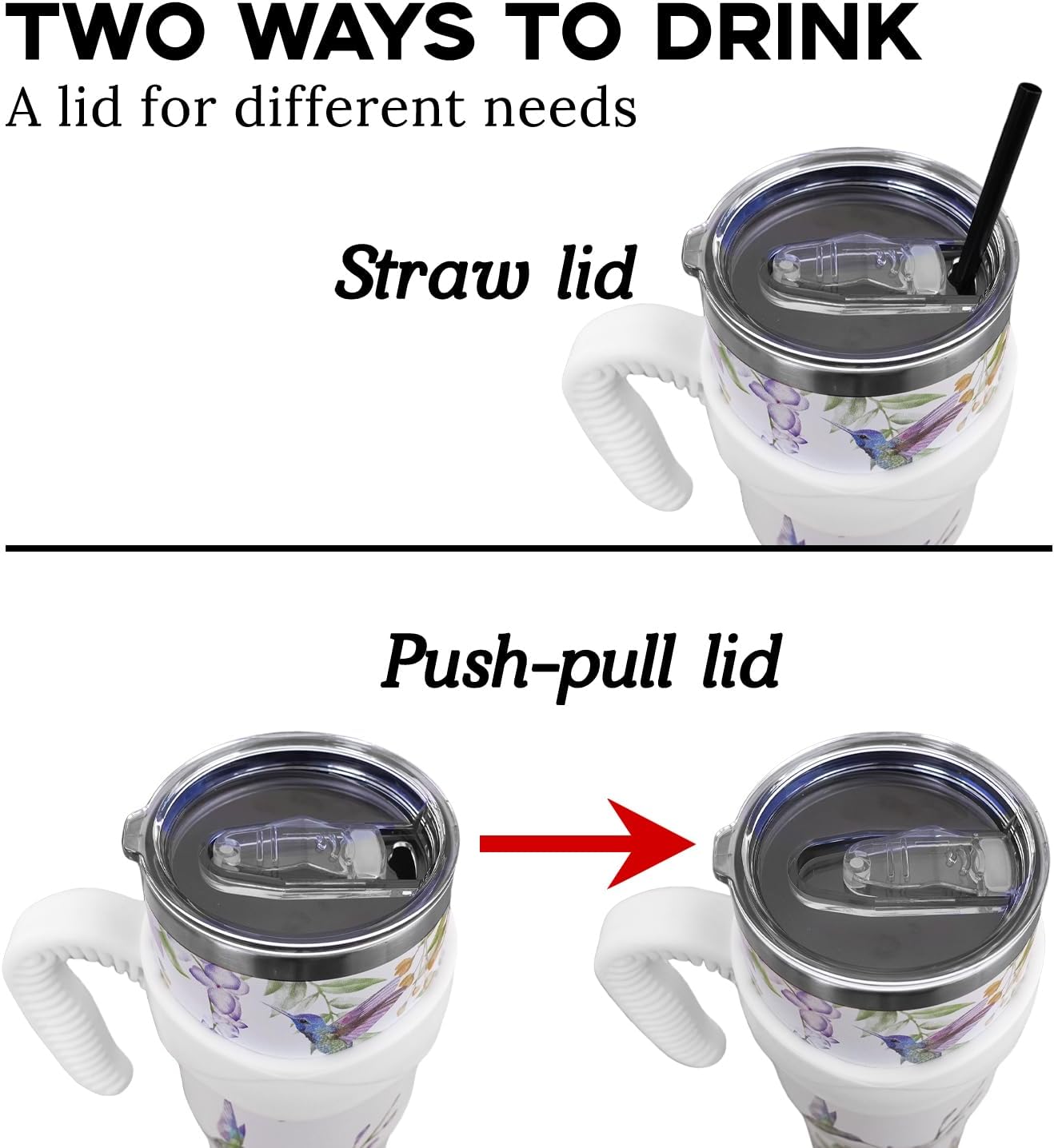 Hummingbird 40 Oz Tumbler with Handle and Straw, Bird Floral Big Stainless Steel Vacuum Insulated Tumbler Coffee Cup Water Bottle Travel Mug,Hummingbird Gifts for Women Decor Accessories, Purple White - Image 7