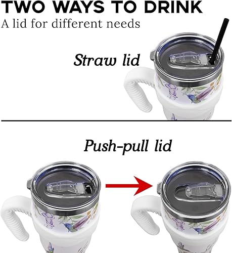 Miniatura 7 de Hummingbird - Vaso de 40 onzas con asa y pajita, vaso de acero inoxidable grande aislado al vacío con diseño floral de pájaro, taza de café, botella