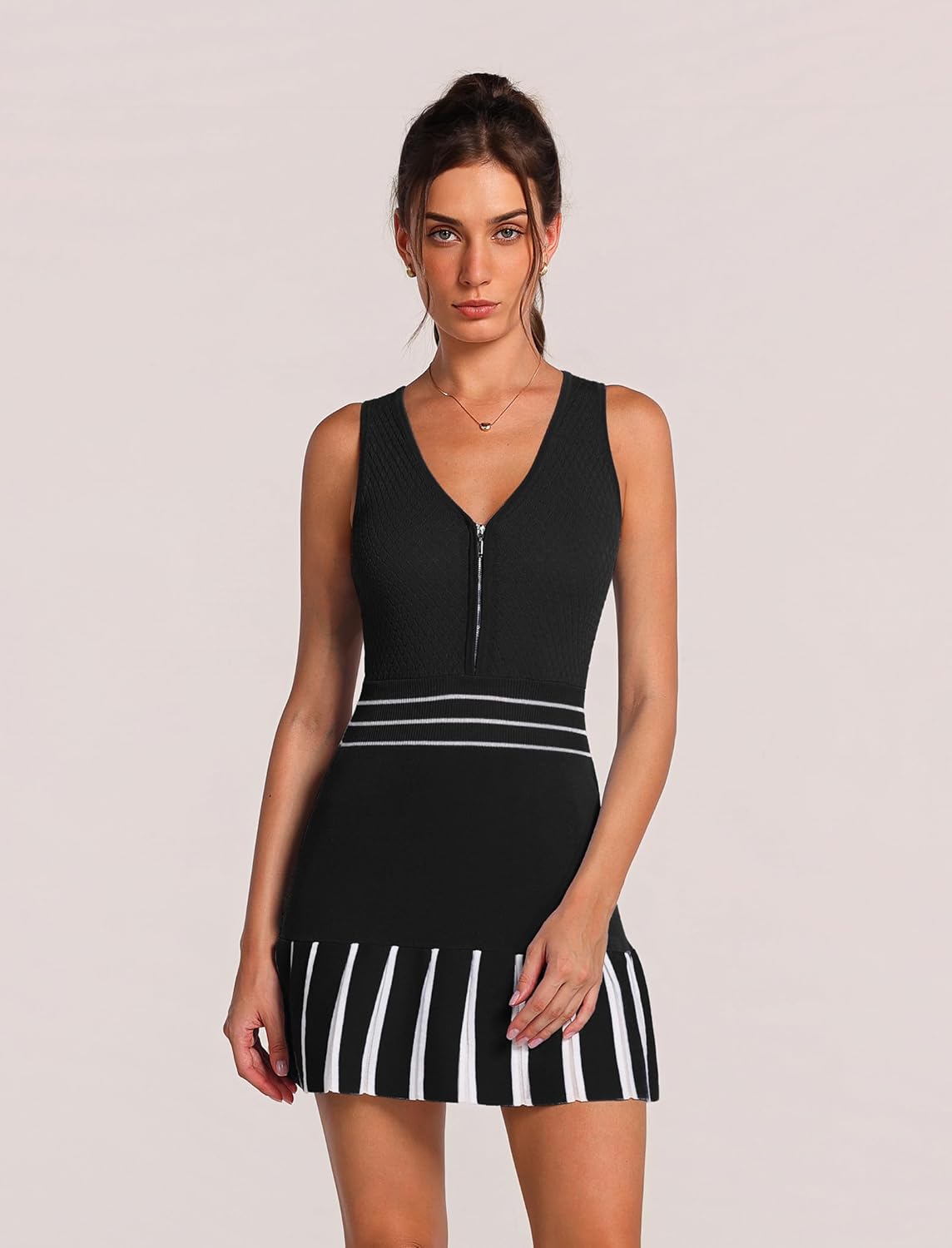 ABOCIW Womens Half Zip Knit Tennis Dress Colorblock Pleated Athletic Dress Sleeveless Workout Golf Dresses with Shorts - Image 3