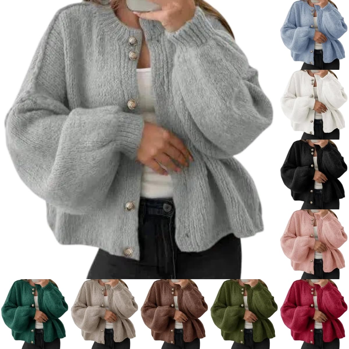 Cardigan Corto Da Donna In Maglia Grossa Maglione Oversize Cappotto con Bottoni Maniche A Palloncino Cardigan Lavorato A Maglia Comodo Cappotto Maglione Dalla Vestibilità Ampia per Donna Outfit Cas