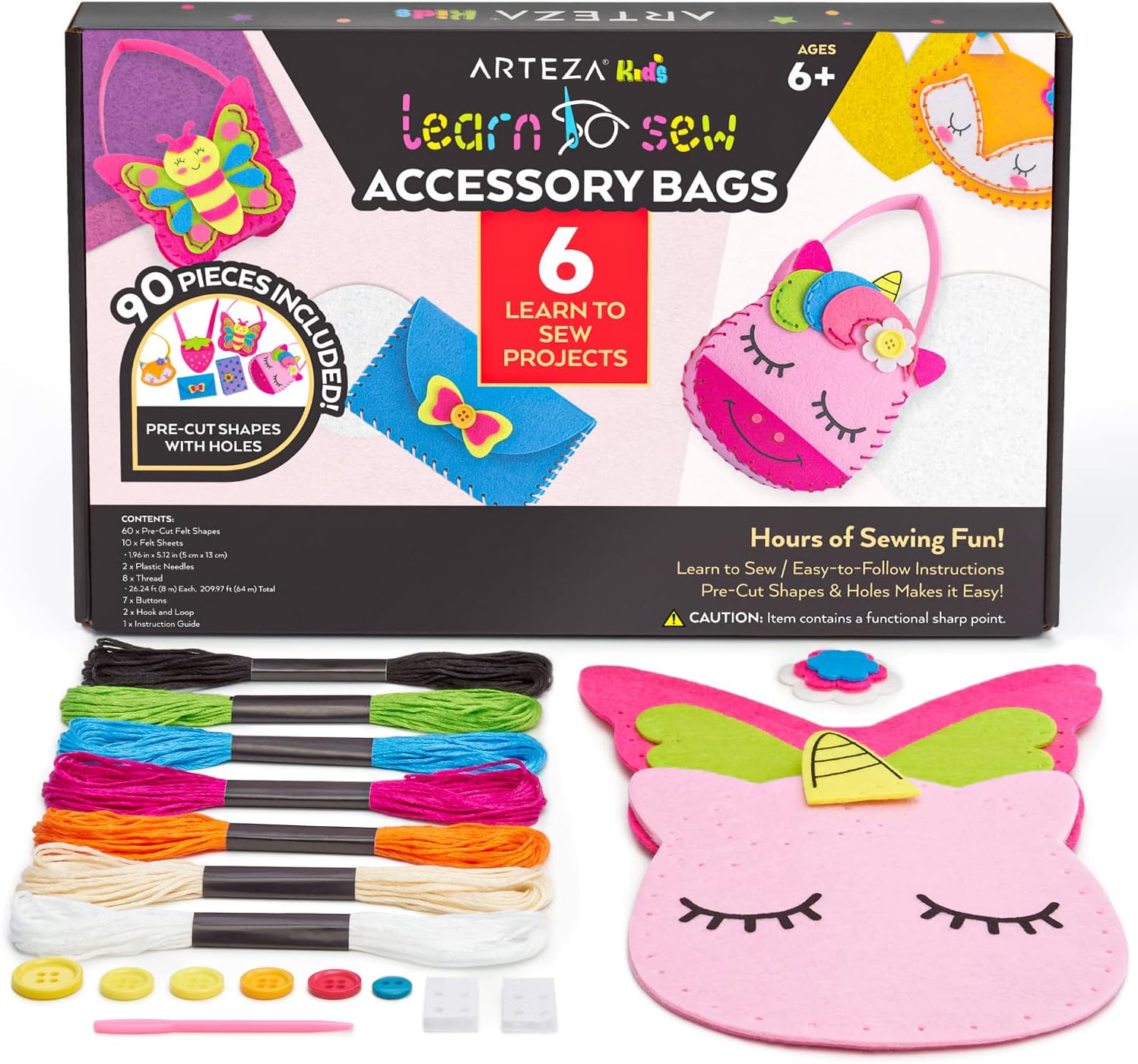 Arteza Kids Hand Sewing Kit, 6 Learn to Sew Accessory Bags, 90 Pieces, Pre-Cut Felt Shapes, Felt Sheets, Plastic Needles, Thread, Buttons, and Hook & Loop, Kids Craft Supplies with Instruction Guide : Toys & Games