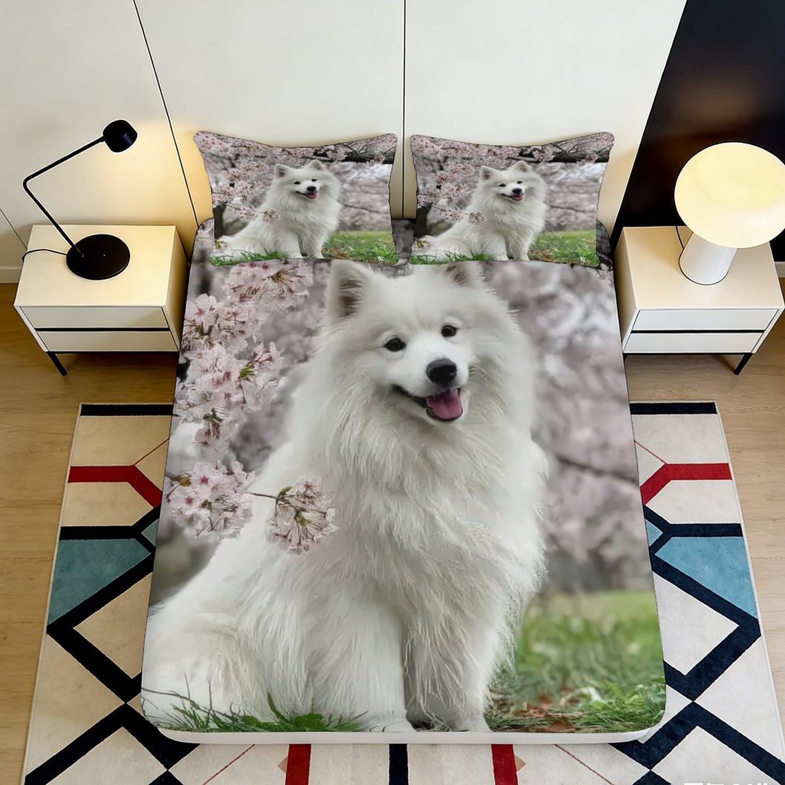 3D Printed White Samoyed Dog Fitted Sheet Microfiber Soft Decorative Blossom Mattress Cover for Bedroom Guest Room 90x200x25cm