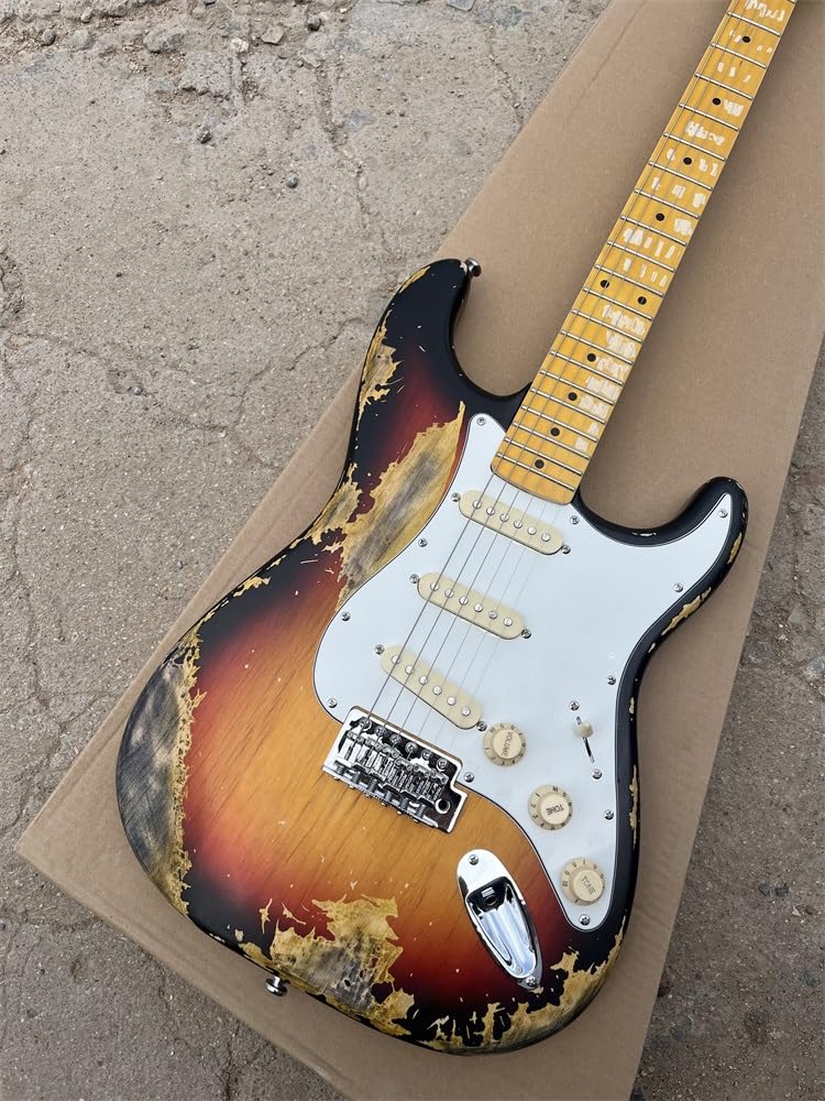 Niestandardowa gitara elektryczna z drewna basowego, gryf klonowy, postarzany sprzęt, wykończenie lakierem SunburstColor Nitro