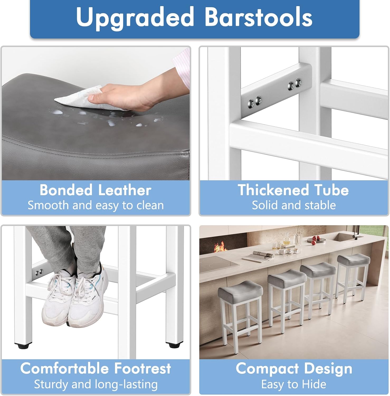 29 Inch Bar Height Bar Stools Set of 2, 29 Barstools for Kitchen Island Counter, Backless Bonded Leather Bar Height Stools with Thick Saddle Seats & Heavy Duty Metal Base, Easy Assembly, Gray/White