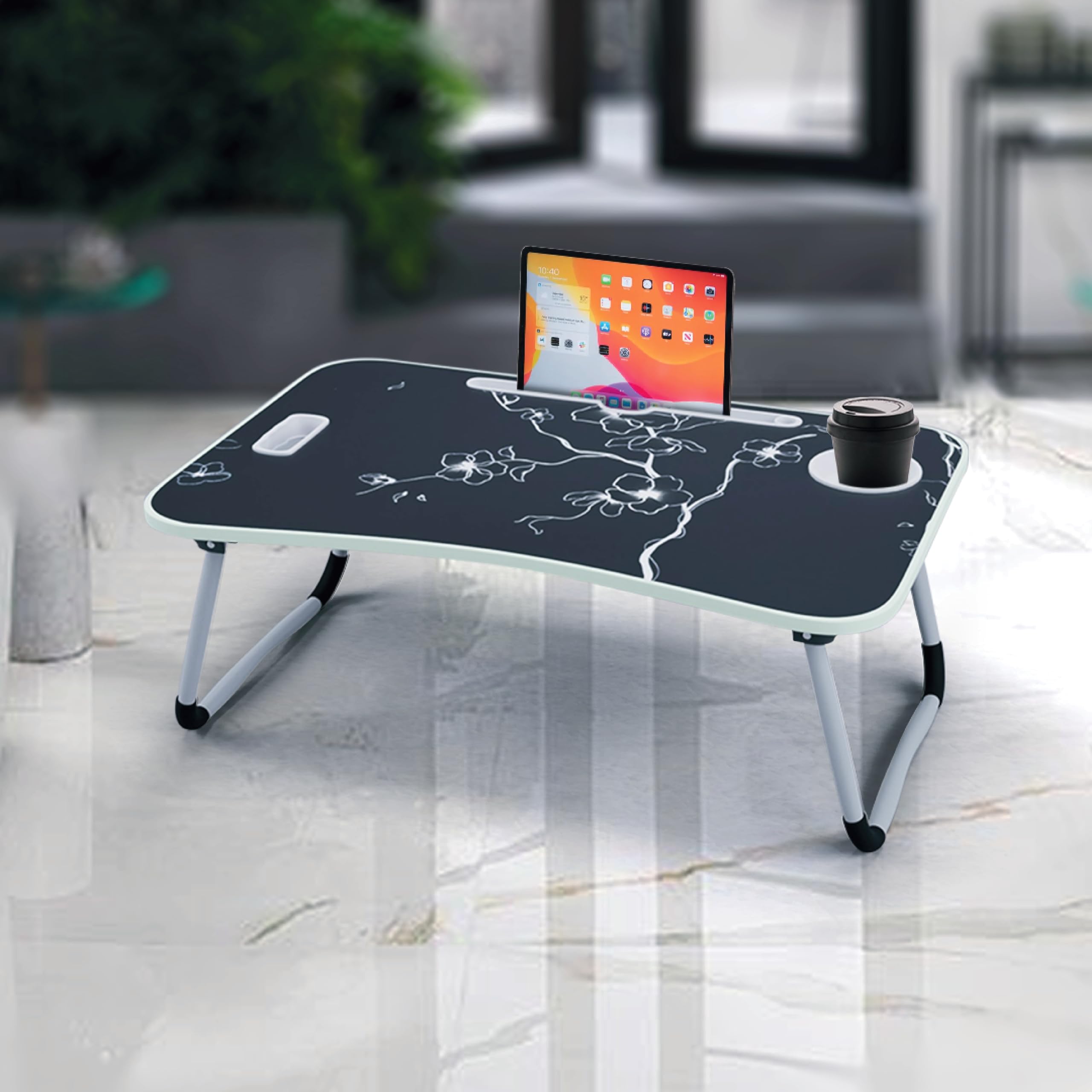 Tiny World Engineered Wood Foldable Laptop Table with Cup Holder,Tablet & Mobile Groove (C-Black Flower) (B0CNTLSPBN) Amazon Price History, Amazon Price Tracker