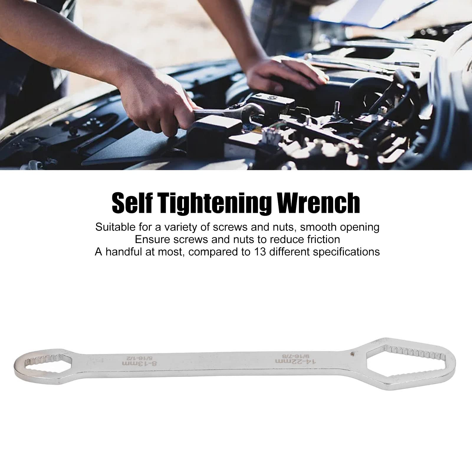 Self Tightening Spanner, 8 to 22mm Adjustable Double Ended Self Tightening Wrench Multifunctional Double Head Box Wrench (Silver)