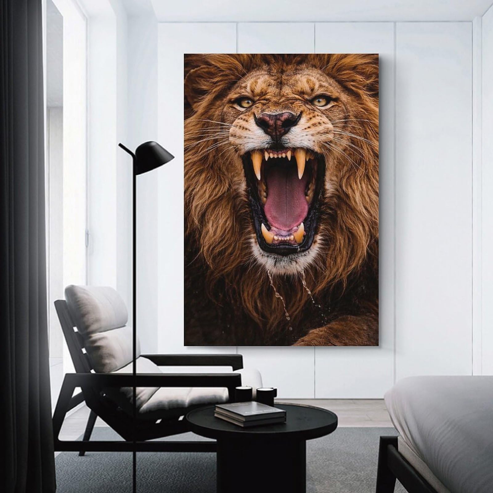 Close-up of A Roaring Lion Canvas Wall Decor, 24x36inch(60x90cm), for Home Lounge, Bedroom Or Reading Nook, Modern Wall Decor for Cosy Interiors