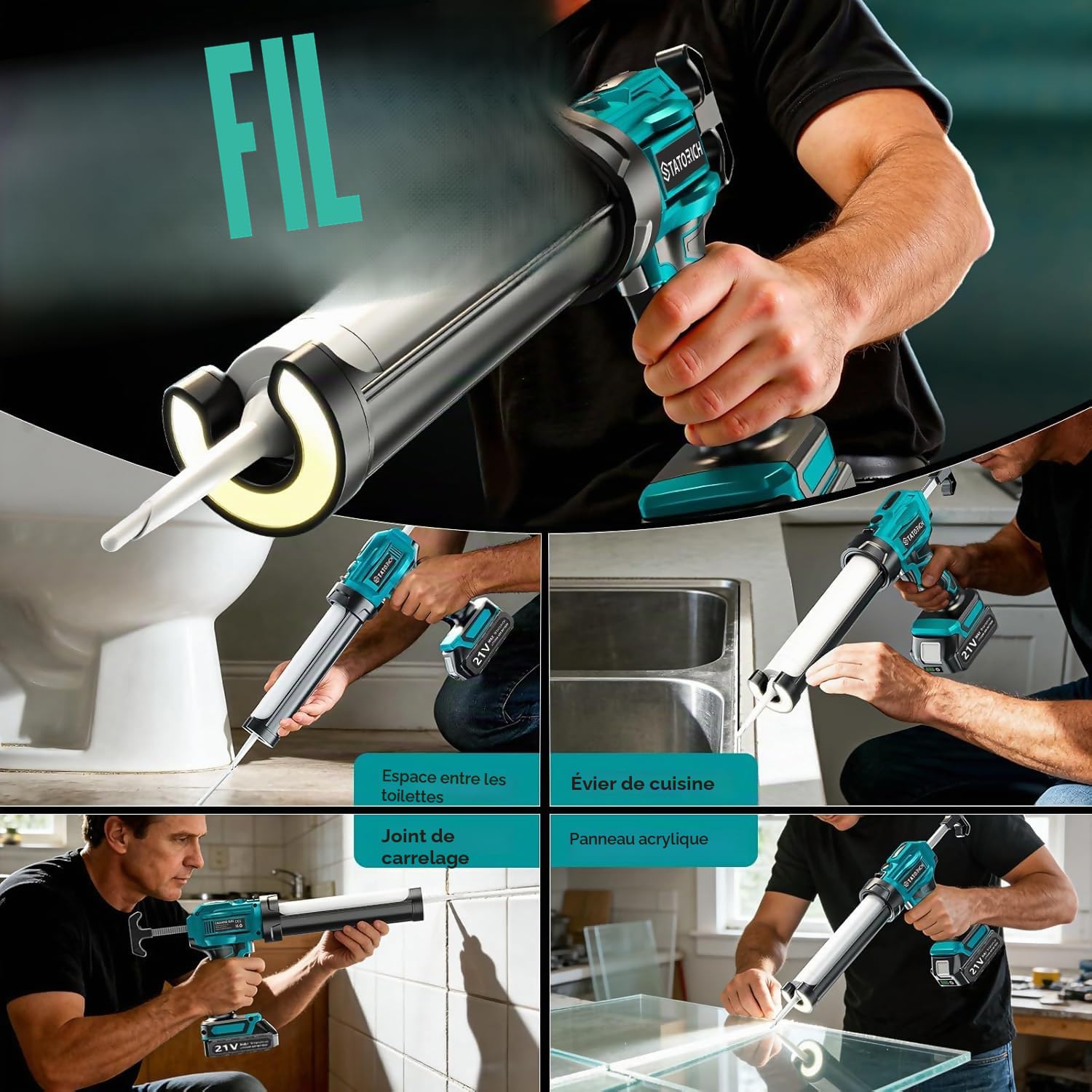 Pistolet à Cartouche Electrique Compatible avec Makita Batteries 18V sans Fil avec 2 x 2000 mAh Batteries, Pistolet Silicone Électrique de 300 ml, Lumière LED, 4 Vitesses, pour Calfeutrer (Bleu)