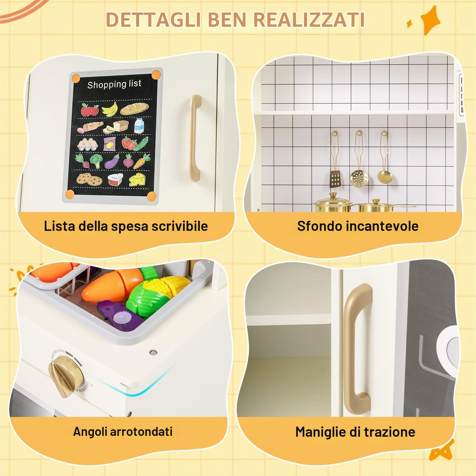 FANTASK Cucina in legno per bambini, angolo cucina giochi con rubinetto, dispenser di ghiaccio e accessori da cucina, forno a microonde, cucina giochi per bambini dai 3 anni in su