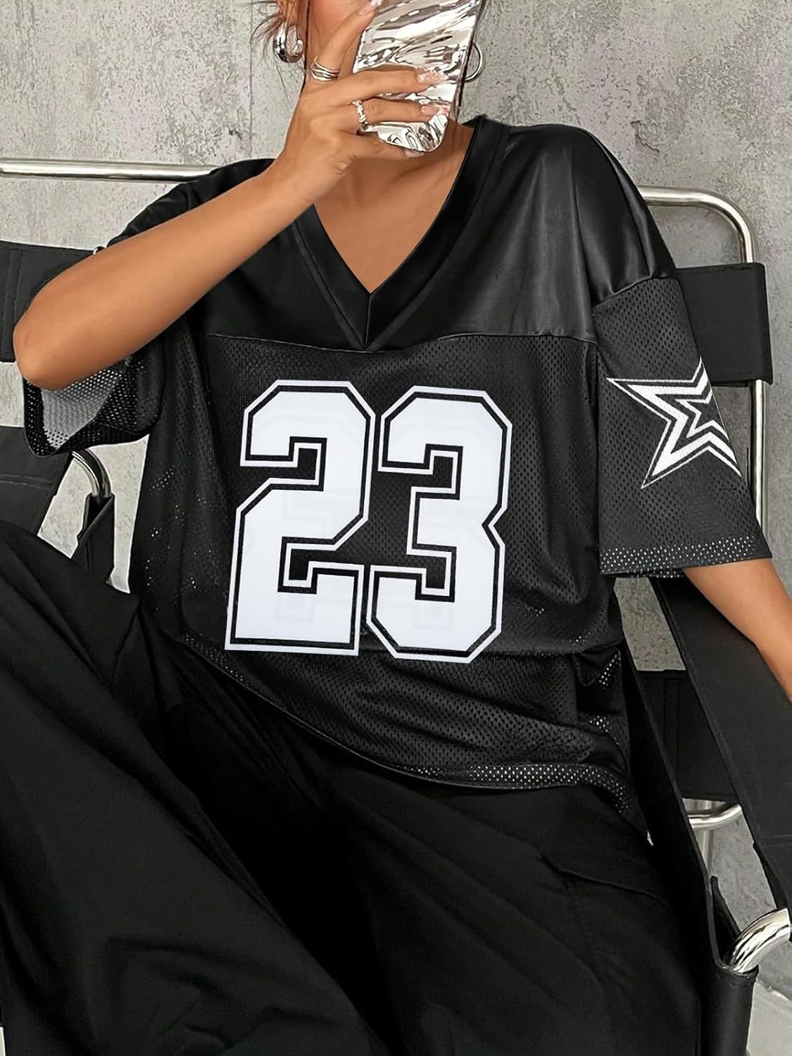 Oversized Jersey Women V Neck Tshirt Number Graphic Tee Y2k Streetwear Short Sleeve Top - Image 5