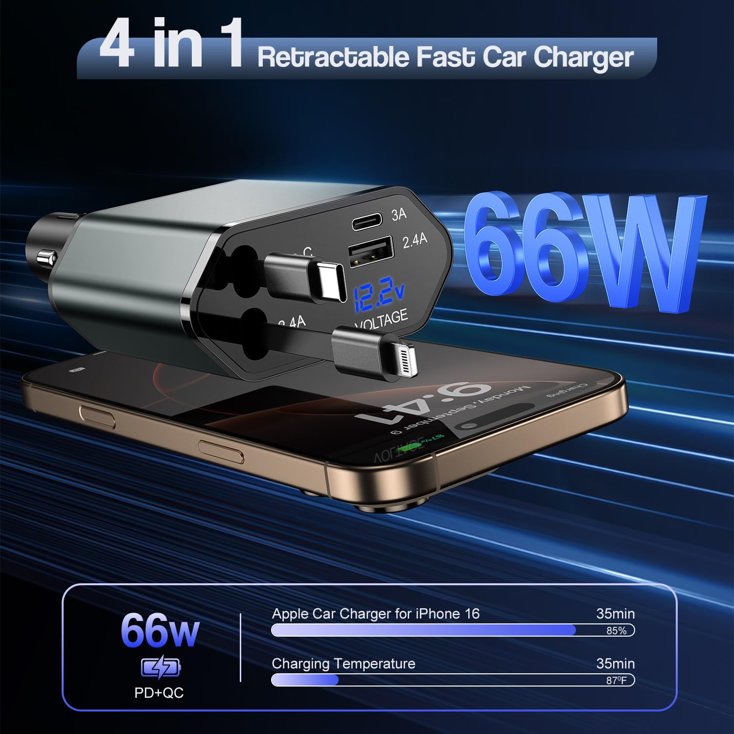Cargador retráctil de coche para iPhone, cargador de coche 4 en 1 de 66 W, carga rápida, 2 cables retráctiles (PD y Lightning) y 2 puertos (USB C y USB A) para Apple Car Charging Cigarette Adapter