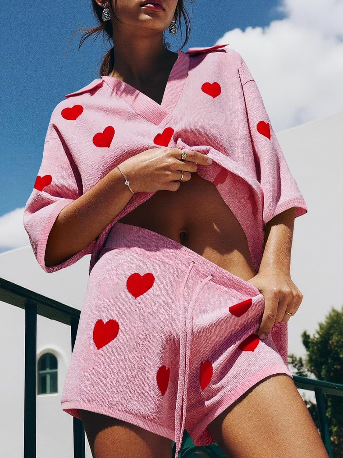 Tankaneo Womens Sweater Set 2 Piece Outfits Oversized 3/4 Sleeve V Neck Knit Tops High Waisted Shorts Lounge Sets - Image 2