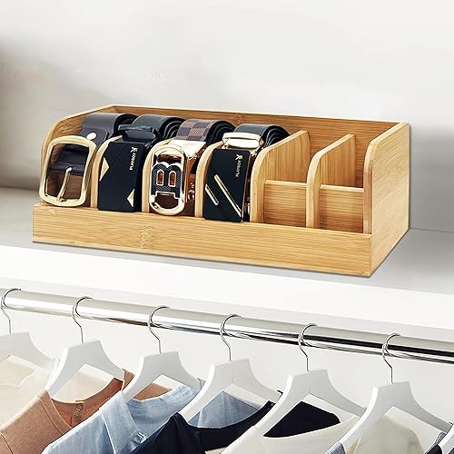 Miniatura 4 de Organizador de cinturón de bambú, soporte para cinturón de 6 rejillas con ganchos de pared, estante para cinturón para exhibición de cinturón (luz)