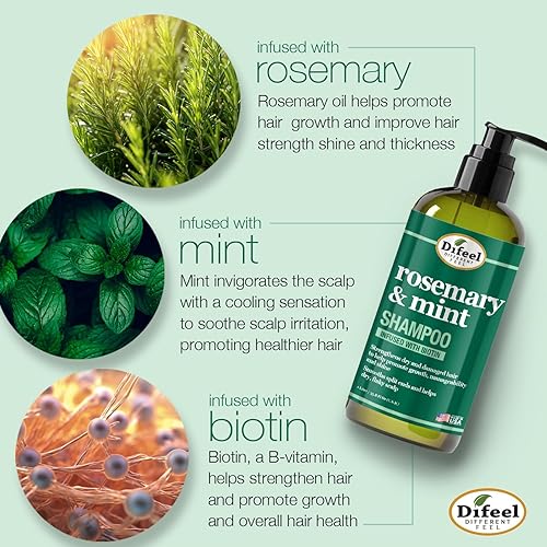 Miniatura 4 de Difeel Champú fortalecedor de menta y romero con biotina, 33.8 onzas, hecho con aceite de romero natural para el crecimiento del cabello