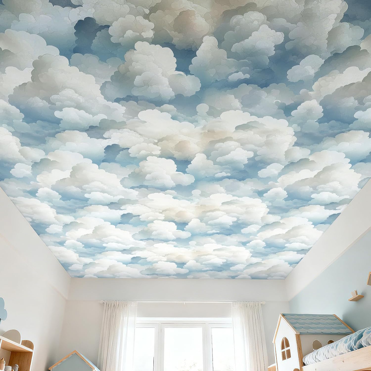 17.5x393 Cloud Ceiling Wallpaper Stick and Peel Light Blue Cloud Wall Paper for Nursery Boy Kids Wallpaper Clouds Sky Blue & White Pastel Decorative Contact Paper Removable Renter Friendly