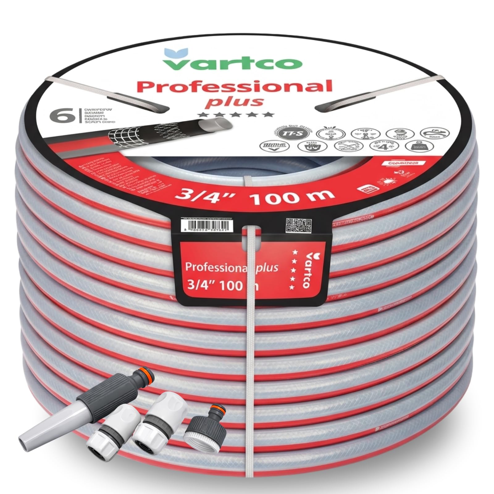 Professional Plus 6-lagiger Gartenschlauch 3/4" 100m mit Anschlusssatz – Trinkwasserschlauch Lebensmittelschlauch – Torsion-Free System (TFS) – Flexibel UV-beständig 30 Bar