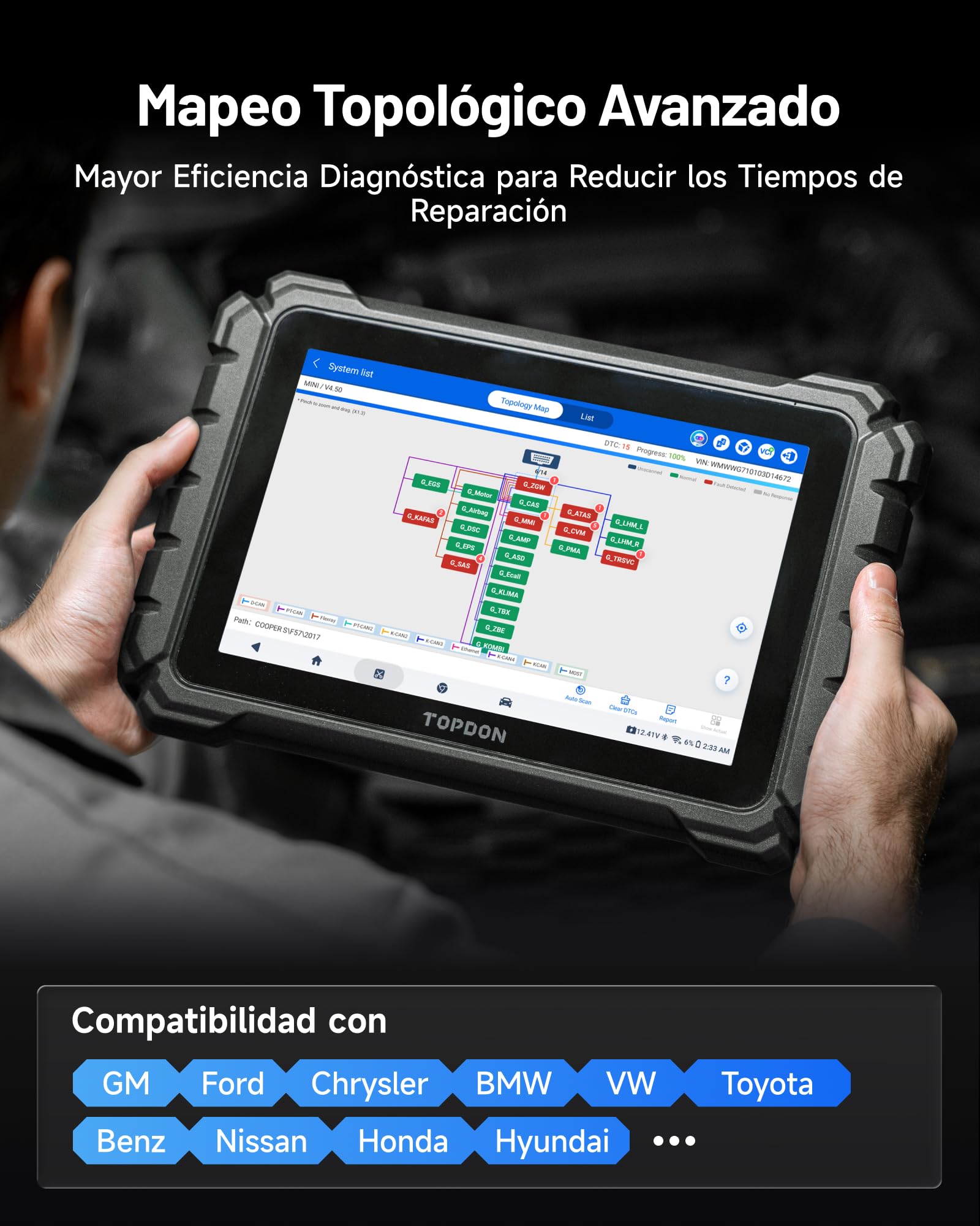 TOPDON One obd2 Diagnosis Scanner con Codificación ECU, Topología OE, J2534 Pass-Thru, 50+ Reset, Bidireccional Maquina Diagnosis Coche Multimarca, TopFix AI, FCA/Renault/VAG SFD SGW, CANFD & DoIP
