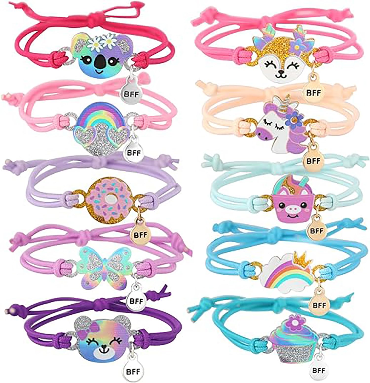 10 PCS Girls' Friendship Bracelets Set, Multicolor Woven Adjustable Bracelets with Unicorn, Butterfly, Doughnut, Rainbow Cake Patterns, Original and Trendy Design for Pretend Play and Gifts