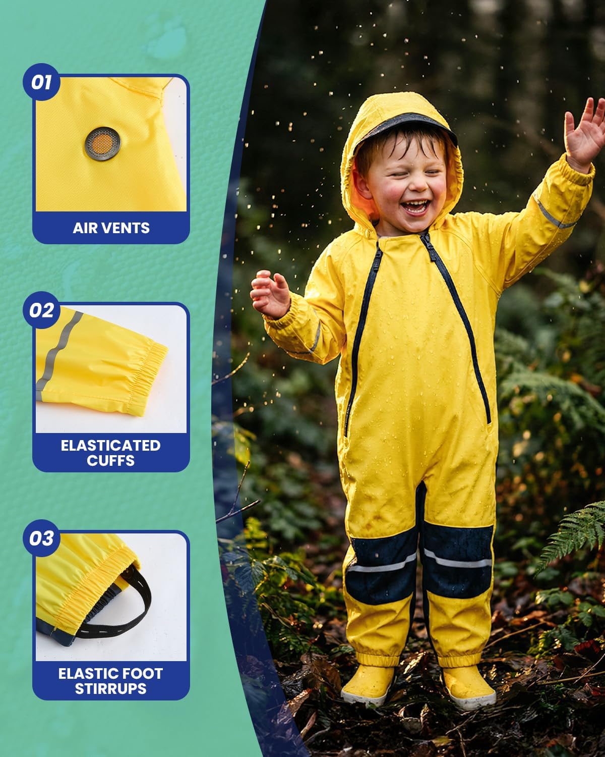 DivingBirds Kids Toddler Rain Suit Waterproof Coverall, Hooded Full-Body Raincoat For Outdoor Play (Ages 1–12)