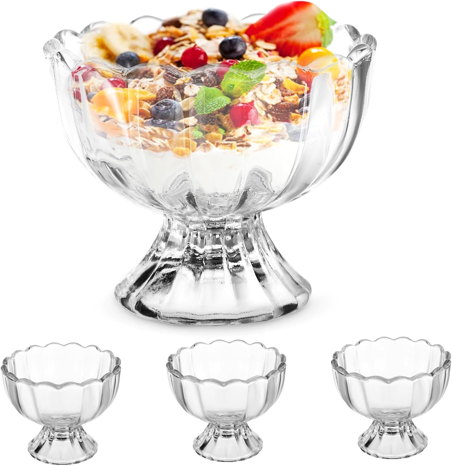 4pcs Footed Ice Cream Bowls Glass Dessert Cups Reusable Transparent Serving Bowls for Snacks and Sundaes Clear Glassware for Kitchen and Parties