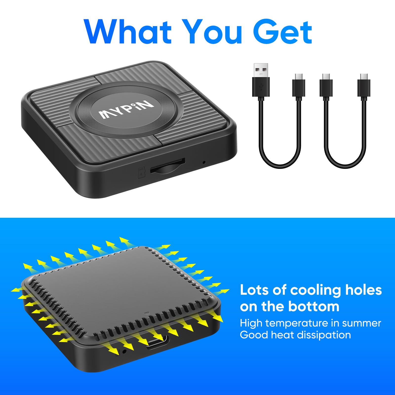 MYPIN Adaptateur CarPlay sans Fil 3-en-1, Convertisseur Le Filaire en sans Fil | Plug and Play | USB Type-C et Type A | pour iPhone et Android (Noir) | Prise en charge Netflix/YouTube et fente pour carte TF, Plug & Play, compatible avec USB Type-C/A, pour