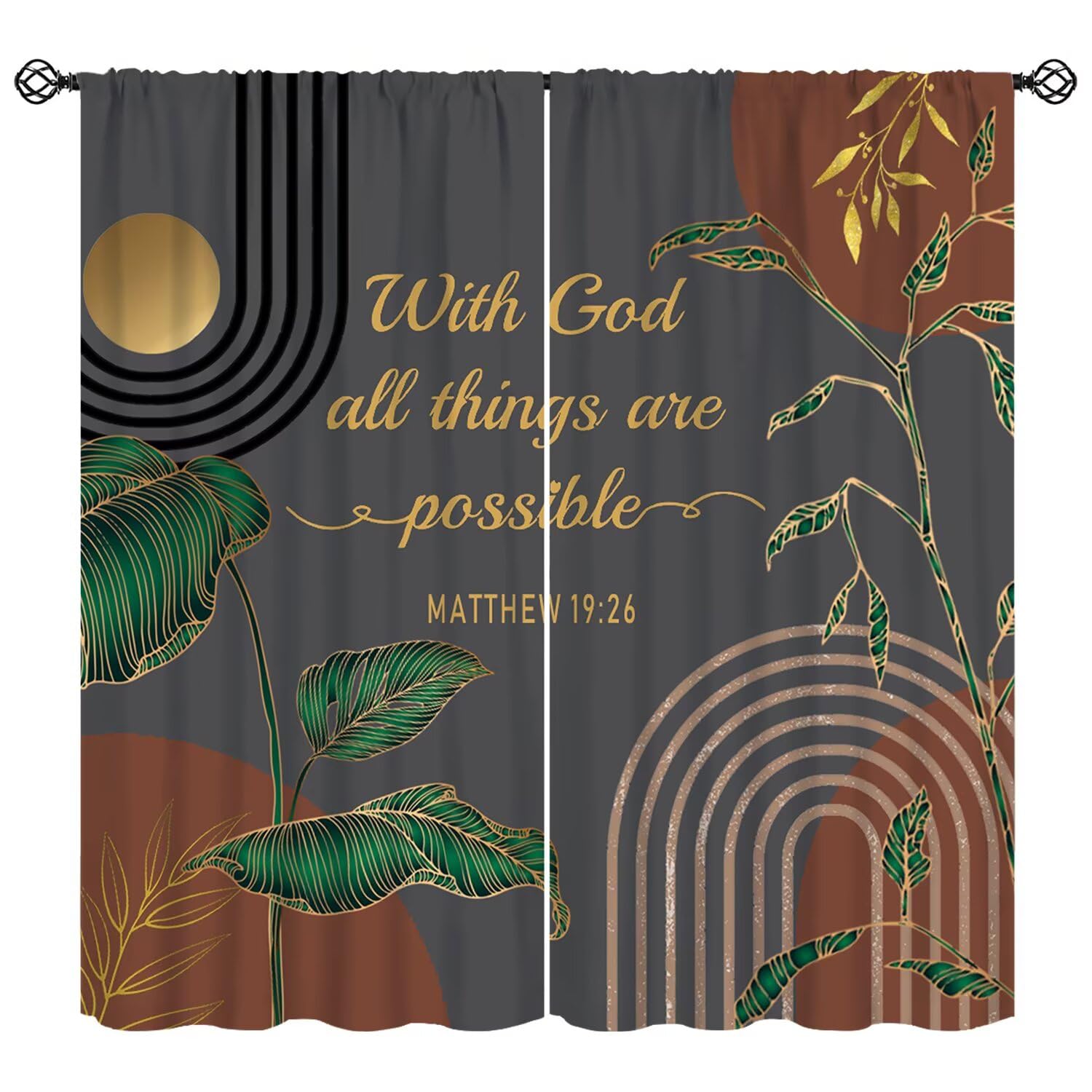 moderw Boho Bible Verse Brown Curtains Christian Inspirational Scriptures Quotes Window Treatment for Kitchen Living Room Abstract Tropical Palm Mid Century Drapes for Home Bedroom W42xL45in