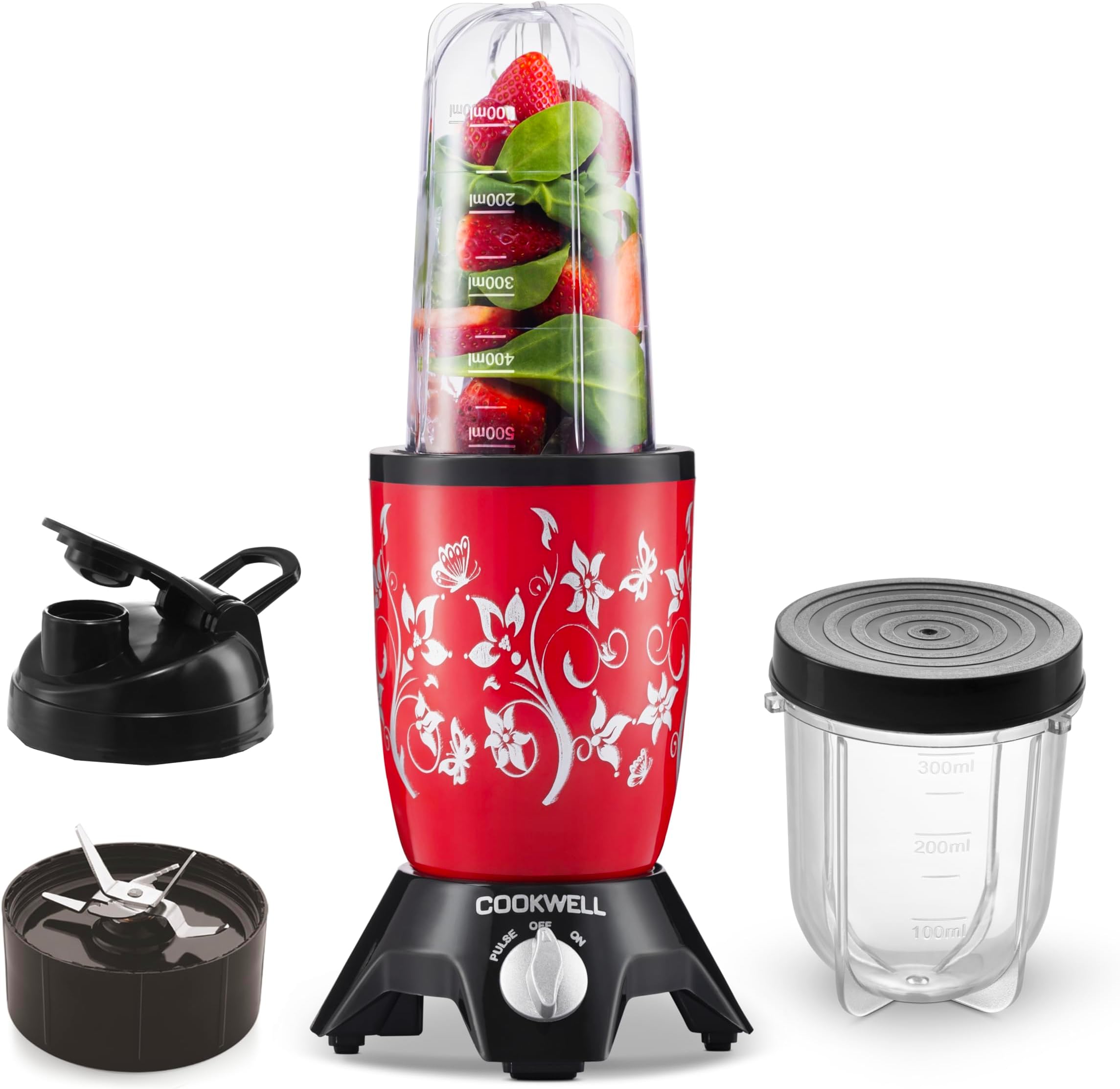 Cookwell Bullet Mixer Grinder (2 Jars, 1 Blade, Red) - Copper, 600 Watts - 2 Year Warranty
