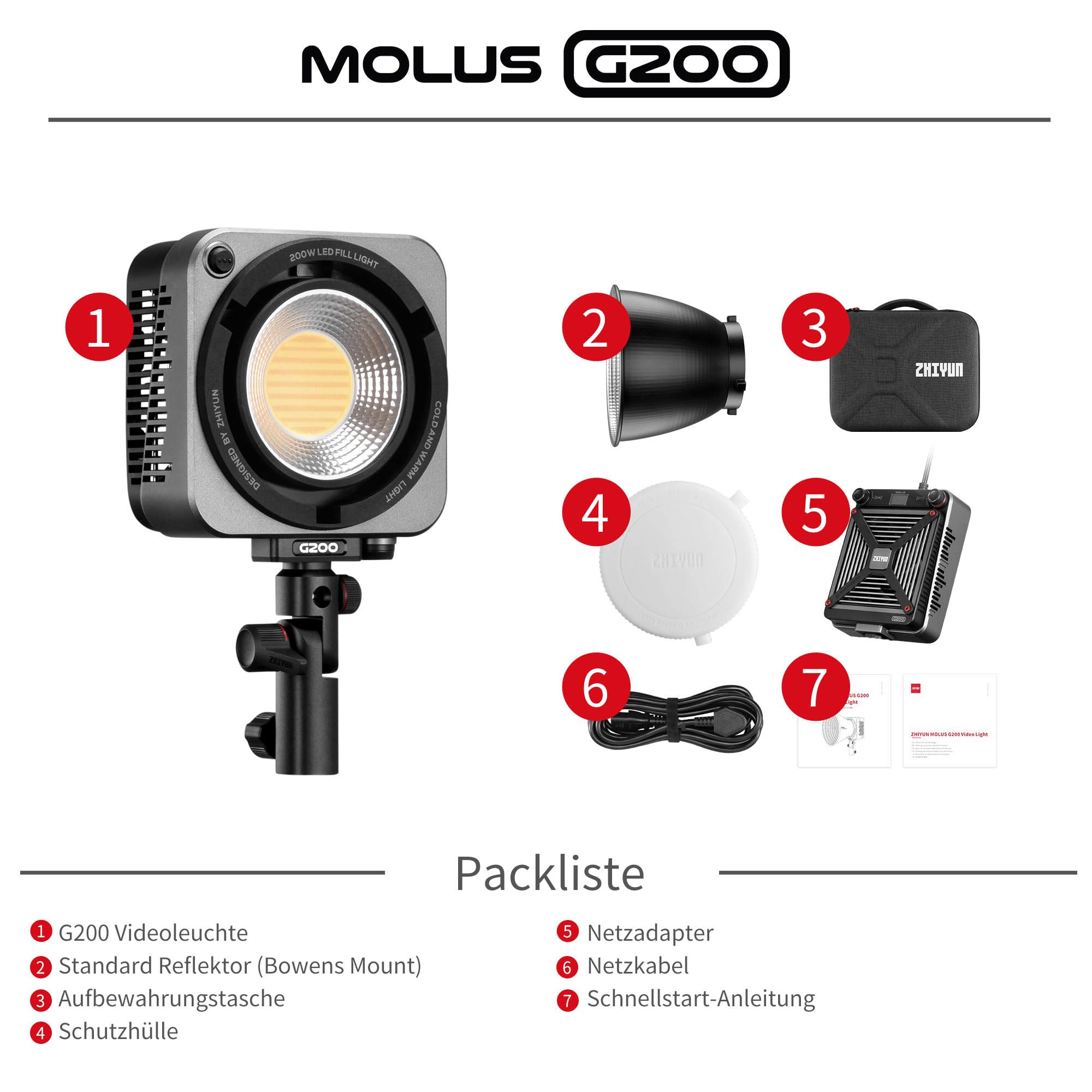 ZHIYUN Molus G200 Videoleuchte 200W, COB LED Videolicht mit Bowens 