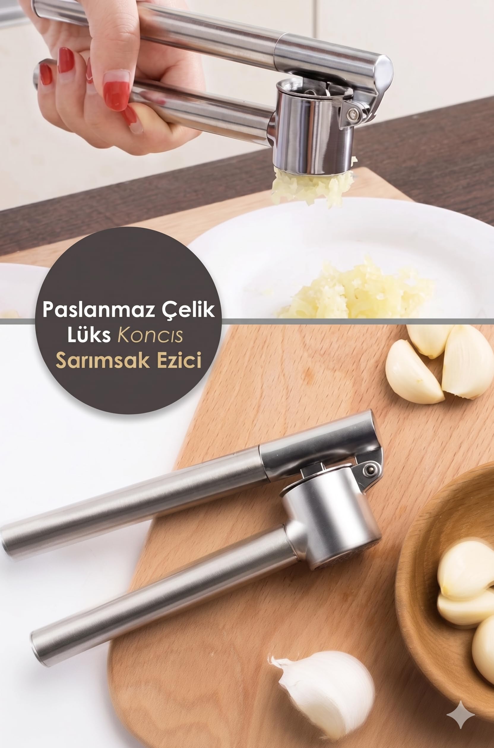 Uyt Life Profesyonel Paslanmaz Çelik Sarımsak Ezici - Lüks Ergonomik Tasarım, Kolay Temizlenebilir Sarımsak Presi ve Ezici, Dayanıklı Mutfak Gereci, Gümüş
