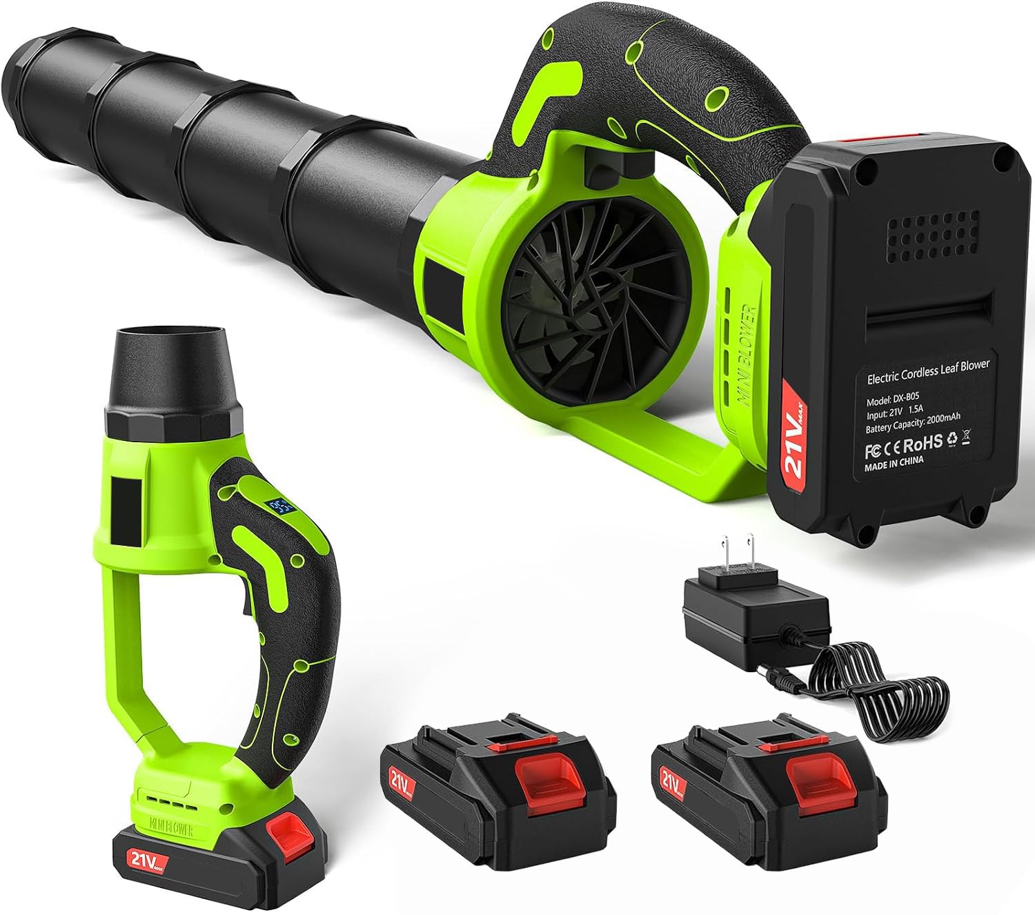 Akku-Laubbläser, 2X 21V Akkus & Schnellladegerät Set, mit stufenloser Geschwindigkeitsregelung, Leichter handgehaltener elektrischer Laubbläser für Rasenpflege, Hof, Garten, Terrasse (Grün-A)