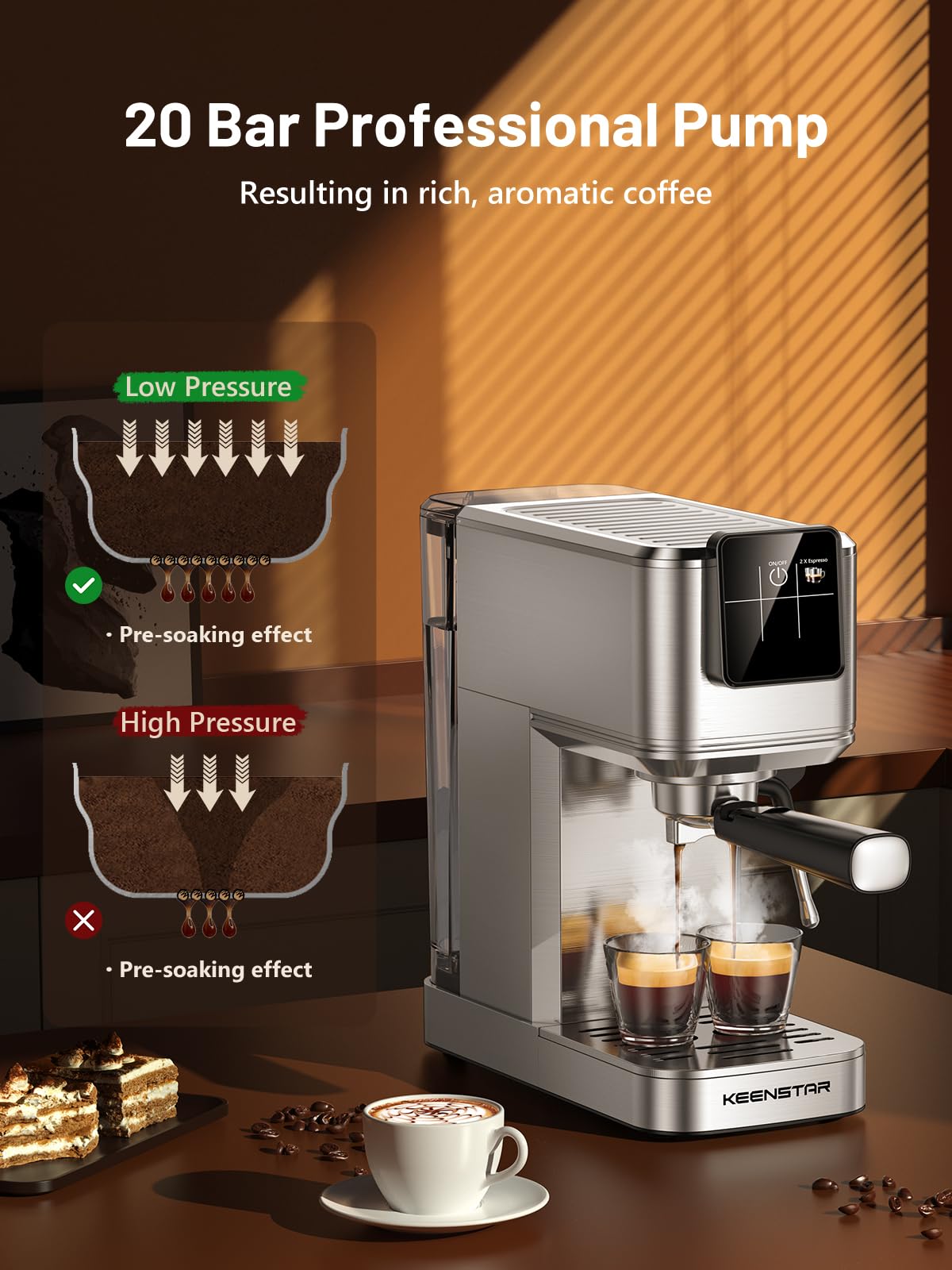 Cafetera espresso de 20 bares con cerveza rápida en frío, cafetera caliente y helada, cafetera de acero inoxidable con espumador bar vapor touch display con depósito de