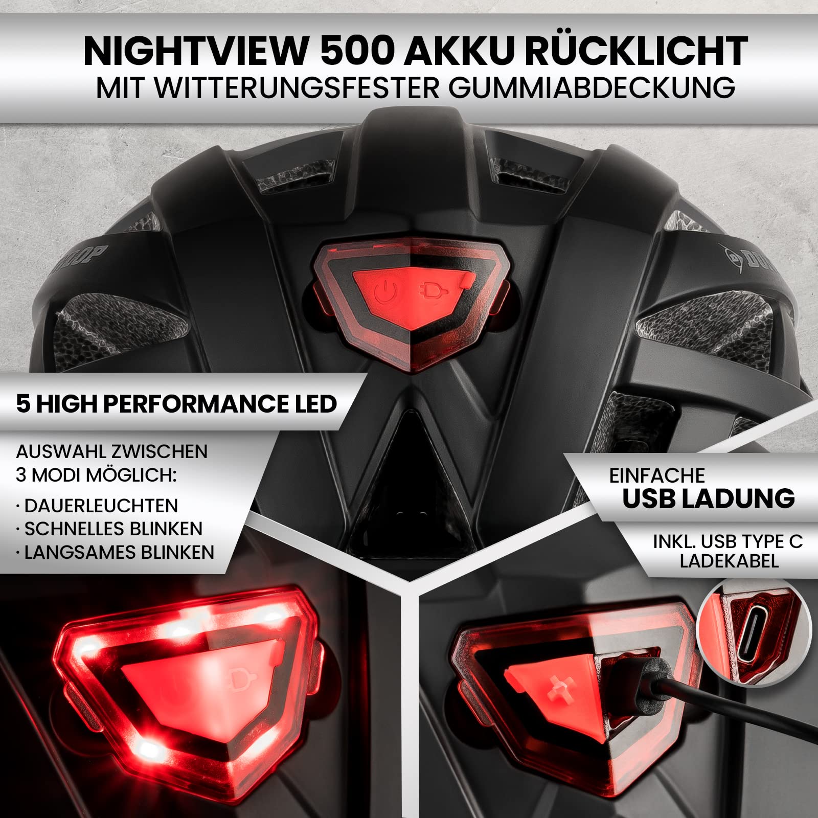 Dunlop Sports Fahrradhelm mit Licht - Sofort gesehen Werden - Ultraleichter Spezial Damen Herren Kinder Fahrrad Helm Visier und Rücklicht für hohe Sicherheit - Urban