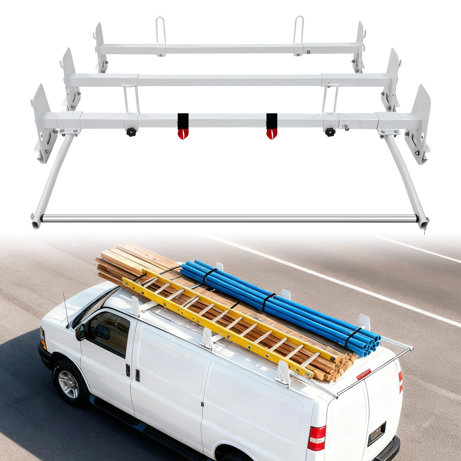 Photo 1 of EONECROSS Van Roof Ladder Rack, 3 Adjustable Crossbars (48"-67") with Rain Gutter Mounts, Compatible with Chevy Express 1500/2500/3500 and GMC Savana Cargo Vans with Rear Roller