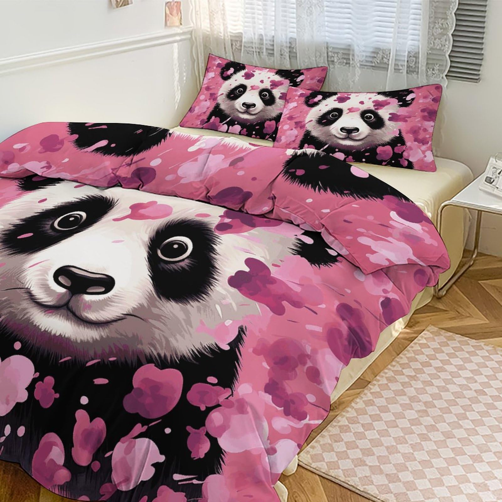 Couette pour grand lit panda rose en coton avec sa parure de lit 3 pièces de 200x228 cm