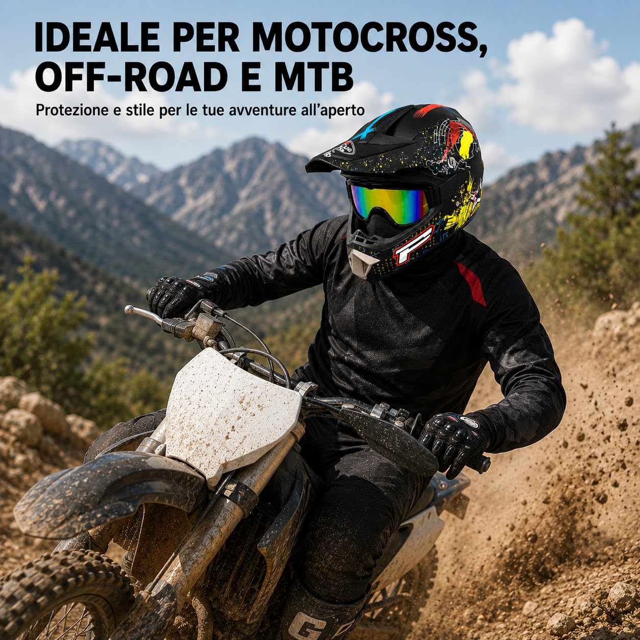 Casco Moto Cross Adulto Multicolore, Set 4 in 1 per Off-Road e MTB