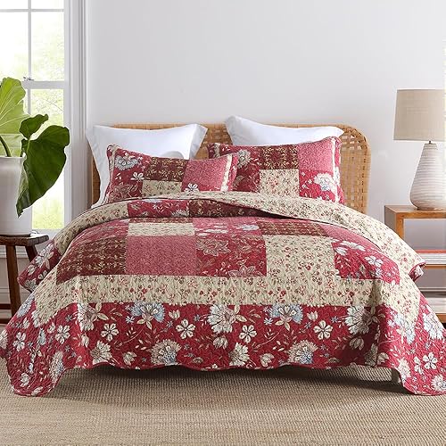 Miniatura 11 de Juego de ropa de cama de algodón de 3 piezas, reversible, juego de colcha reversible vintage floral de retazos azules (azul floral vintage, tamaño