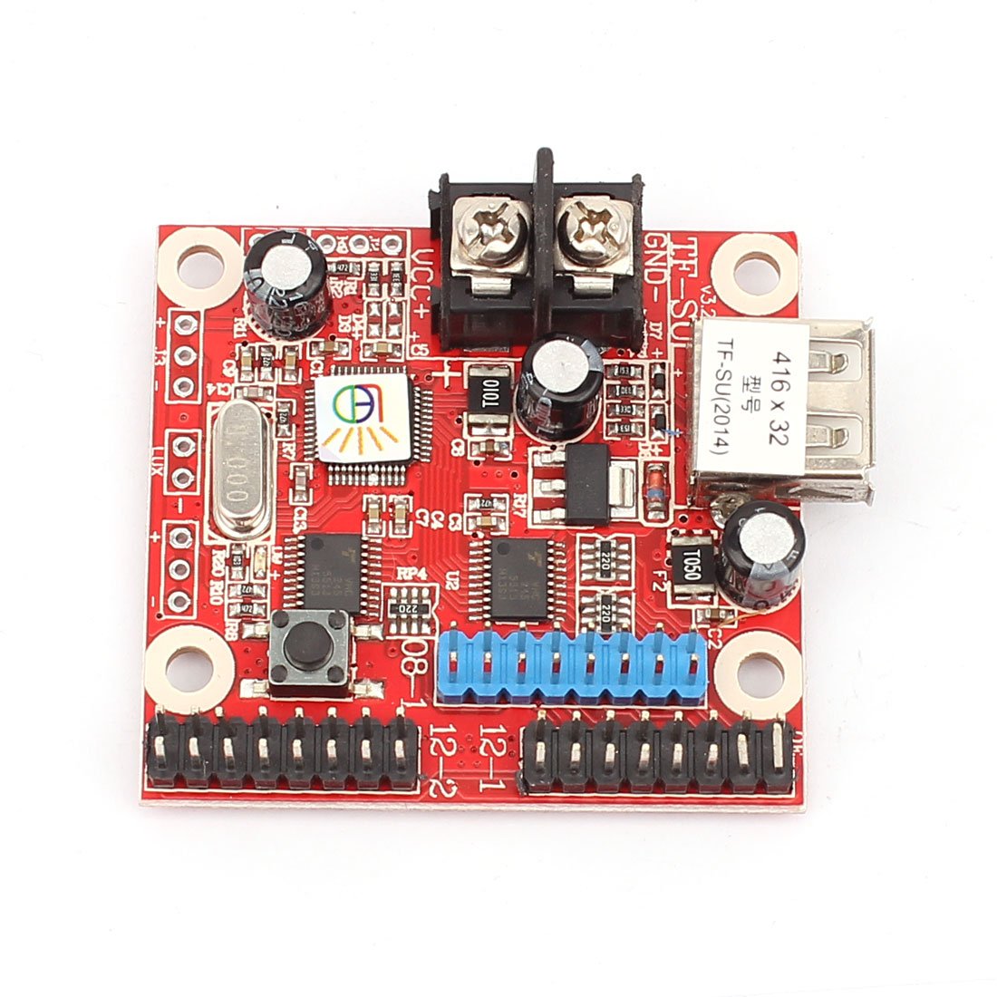 Top-down view of the Aexit TF-SU LED controller module, showing the USB port and screw terminals.
